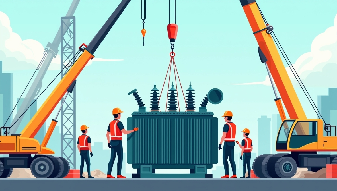 Engineers installing and repairing a large transformer with cranes and safety gear